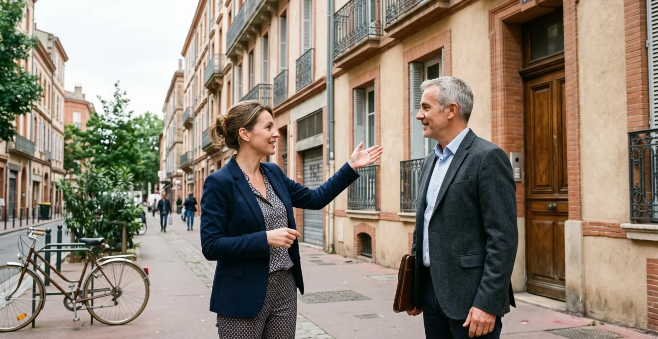 Propriétaire et conseiller en discussion devant un immeuble résidentiel à Toulouse
