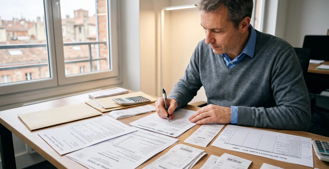 Expert-comptable examinant des factures et justificatifs de charges LMNP sur un bureau