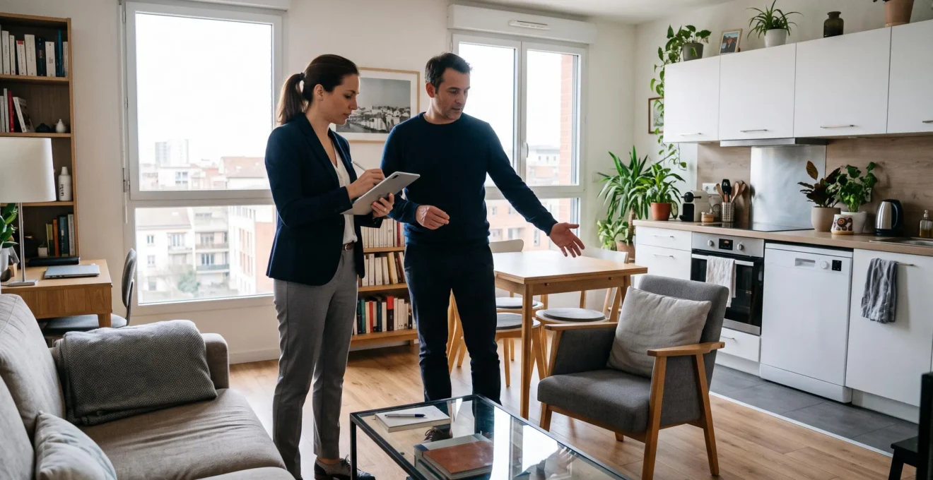 Expert-comptable et propriétaire consultant dans un appartement meublé, l'expert prenant des notes sur une tablette