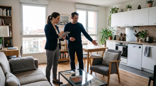 Expert-comptable et propriétaire consultant dans un appartement meublé, l'expert prenant des notes sur une tablette